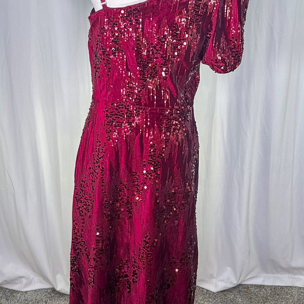 Kensie One-Shoulder Fit & Flare Sequin Velvet Formal Dress Burgundy - Picture 6 of 15